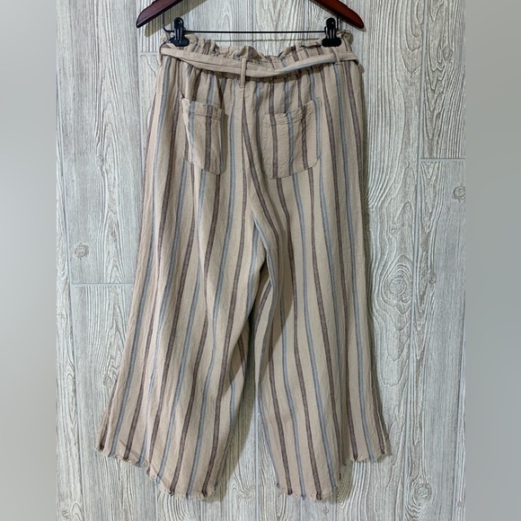 Rewash Linen Paper Bag Waist Wide Leg Striped Raw Edge Split Hem Crop Pants L - Picture 3 of 11